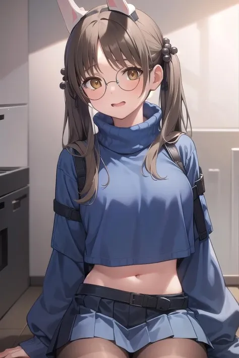 moekazekura, <lora:moekazekura-lora-nochekaiser:1>,
moe kazekura, animal ears, (brown eyes:1.7), brown hair, fake animal ears, glasses, hair bobbles, hair ornament, halo, long hair, rabbit ears, round eyewear, twintails,
BREAK belt, black pantyhose, blue skirt, blue sweater, glasses, long sleeves, midriff, miniskirt, pantyhose, pleated skirt, ribbed sweater, skirt, sleeves past wrists, sweater, turtleneck, turtleneck sweater,
BREAK looking at viewer, full body,
BREAK indoors,
BREAK <lyco:GoodHands-beta2:1>, (masterpiece:1.2), best quality, high resolution, unity 8k wallpaper, (illustration:0.8), (beautiful detailed eyes:1.6), extremely detailed face, perfect lighting, extremely detailed CG, (perfect hands, perfect anatomy),