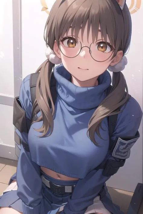 moekazekura, <lora:moekazekura-lora-nochekaiser:1>,
moe kazekura, animal ears, (brown eyes:1.7), brown hair, fake animal ears, glasses, hair bobbles, hair ornament, halo, long hair, rabbit ears, round eyewear, twintails,
BREAK belt, black pantyhose, blue skirt, blue sweater, glasses, long sleeves, midriff, miniskirt, pantyhose, pleated skirt, ribbed sweater, skirt, sleeves past wrists, sweater, turtleneck, turtleneck sweater,
BREAK looking at viewer, full body,
BREAK indoors,
BREAK <lyco:GoodHands-beta2:1>, (masterpiece:1.2), best quality, high resolution, unity 8k wallpaper, (illustration:0.8), (beautiful detailed eyes:1.6), extremely detailed face, perfect lighting, extremely detailed CG, (perfect hands, perfect anatomy),