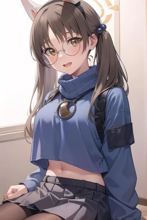 moekazekura, <lora:moekazekura-lora-nochekaiser:1>,
moe kazekura, animal ears, (brown eyes:1.7), brown hair, fake animal ears, glasses, hair bobbles, hair ornament, halo, long hair, rabbit ears, round eyewear, twintails,
BREAK belt, black pantyhose, blue skirt, blue sweater, glasses, long sleeves, midriff, miniskirt, pantyhose, pleated skirt, ribbed sweater, skirt, sleeves past wrists, sweater, turtleneck, turtleneck sweater,
BREAK looking at viewer, full body,
BREAK indoors,
BREAK <lyco:GoodHands-beta2:1>, (masterpiece:1.2), best quality, high resolution, unity 8k wallpaper, (illustration:0.8), (beautiful detailed eyes:1.6), extremely detailed face, perfect lighting, extremely detailed CG, (perfect hands, perfect anatomy),