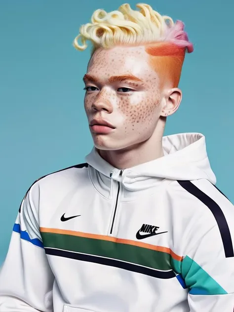 (fashion editorial style of a albino male model with Freckles in a sport pose and a colorful hair and eyebrows ):1, (in a nike sport outfit ):1.2 , <lora:Freckles:0.9> , high fashion, trendy, stylish, editorial, magazine style, professional, highly detailed