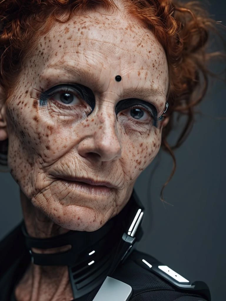 techwear fashion bohemian photography of a Extremely beautiful old woman model with Freckles, Clark Et Pougnaud <lora:Freckles:0.9> , futuristic, cyberpunk, urban, tactical, sleek, dark, highly detailed