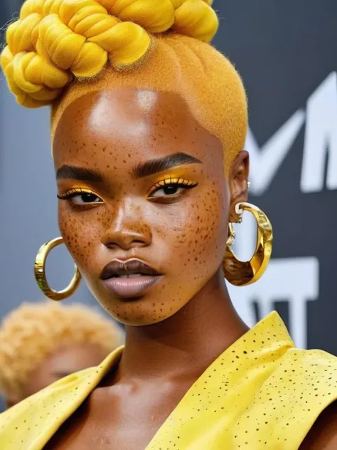 (fashion runway of a african woman model with Freckles and a yellow hair ):1, (Mtv awards outfit ):1.2 , <lora:Freckles:0.9> , high fashion, trendy, stylish, editorial, magazine style, professional, highly detailed