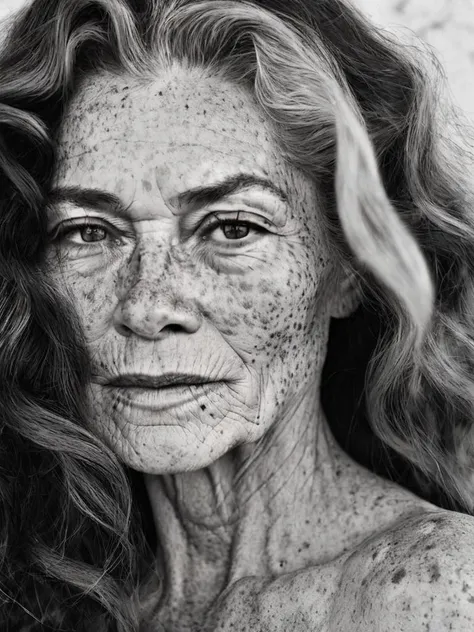 monochrome photography of a beautyful old woman model with Freckles and a long hair,  Carlo Naya  <lora:Freckles:0.9> ,  black and white, contrast, tone, texture, detailed