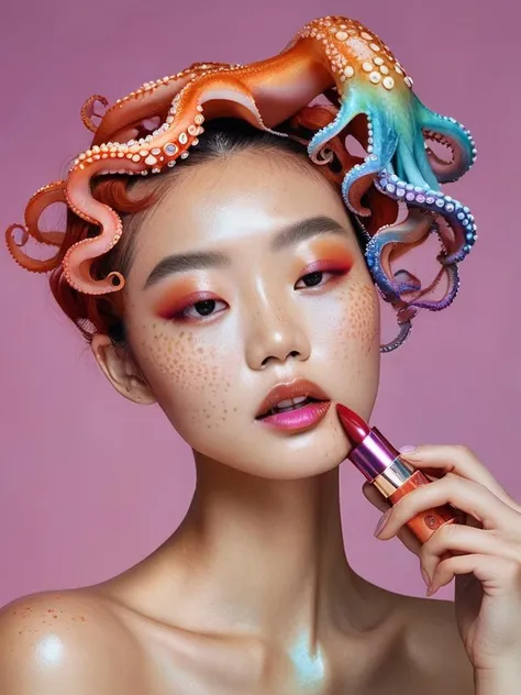 product editorial style of a asian model with Freckles ,she is putting on lipstick ,  underwater colorful octopus hair, iridescent eyeshadow, oiled skin,  Bob Mackie,    <lora:Freckles:0.9> ,  high fashion, trendy, stylish, editorial, magazine style, professional, highly detailed