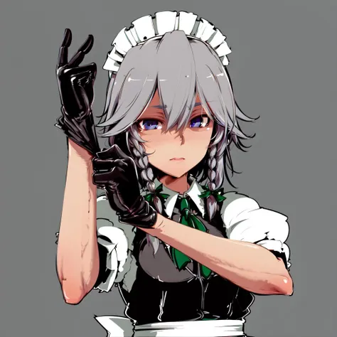 adjusting gloves, black gloves, 1girl, solo, upper body, detailed eyes, highly detailed face, masterpiece, best quality, sakuya izayoi, maid dress, maid headwear <lora:izayoi_sakuya_v1:0.8> <lyco:Saya-adjusting gloves:1>