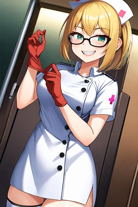 1girl, nurse,white uniform,short blonde hair, glasses,grin,sharp teeth,low angle, zettai ryouiki, adjusting gloves, <lora:GoodHands-beta2:1> perfect hands <lora:Saya-adjusting gloves:1>, (masterpiece, best quality)