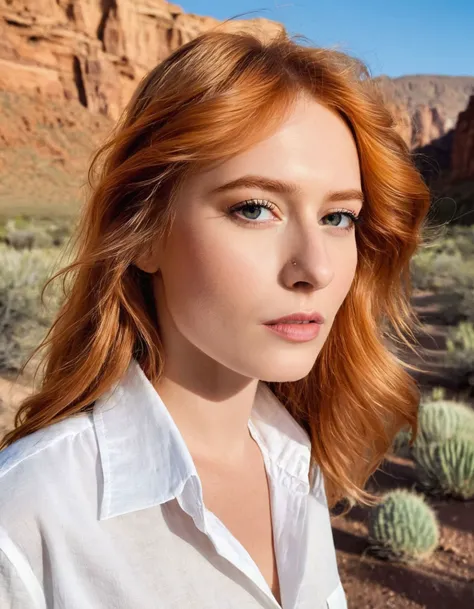 <lora:DollyDyson_SDXL_v1.2:1>
beauty photo of a ohwx perfect headshot of a beautiful 20yo woman with perfect eyes, long beautiful red hair (designer tailored A classic button-down linen shirt with a high neckline)
Shot on Canon EOS 5D Mark IV, F/2.8, 1/125s, ISO 100, Canon EF 85mm f/1.8 USM, style of Annie Leibovitz, desert cliffside
