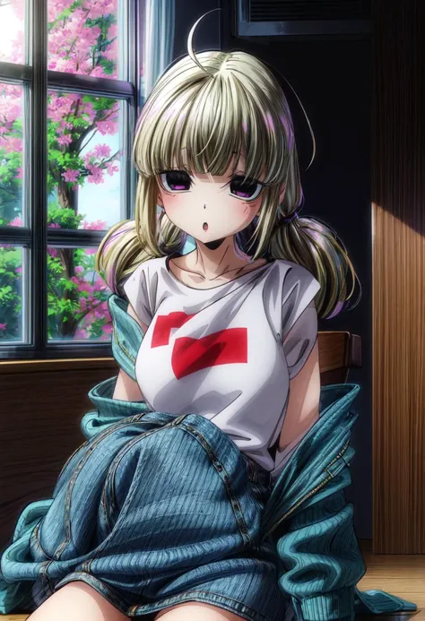 (Highres), (Detailed Illustration), Ultra-Detailed, 8k, masterpiece, absurdres, highres, ultra detailed, <lora:KiwiiiV1.1-000010:0.9>, 1girl, kiwi, purple eyes, blonde hair, ahoge, blunt bangs, low twintails, white t-shirt, blue jacket, off shoulder, oversized clothing, sleeves past fingers, sitting, wariza, :o, looking at viewer, indoors, wood floor <lora:add_detail:1> <lora:hairdetailer:0.8>