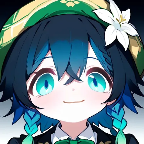 <lora:big-face2:1>,big-face, venti \(genshin impact\), 1boy, male focus, solo, hat, flower, black hair, multicolored hair, smile, blue hair, braid, looking at viewer, white flower, gradient hair, hair flower, portrait, twin braids, green headwear, hair ornament, bangs, closed mouth, beret, simple background, bow, blue eyes, short hair with long locks