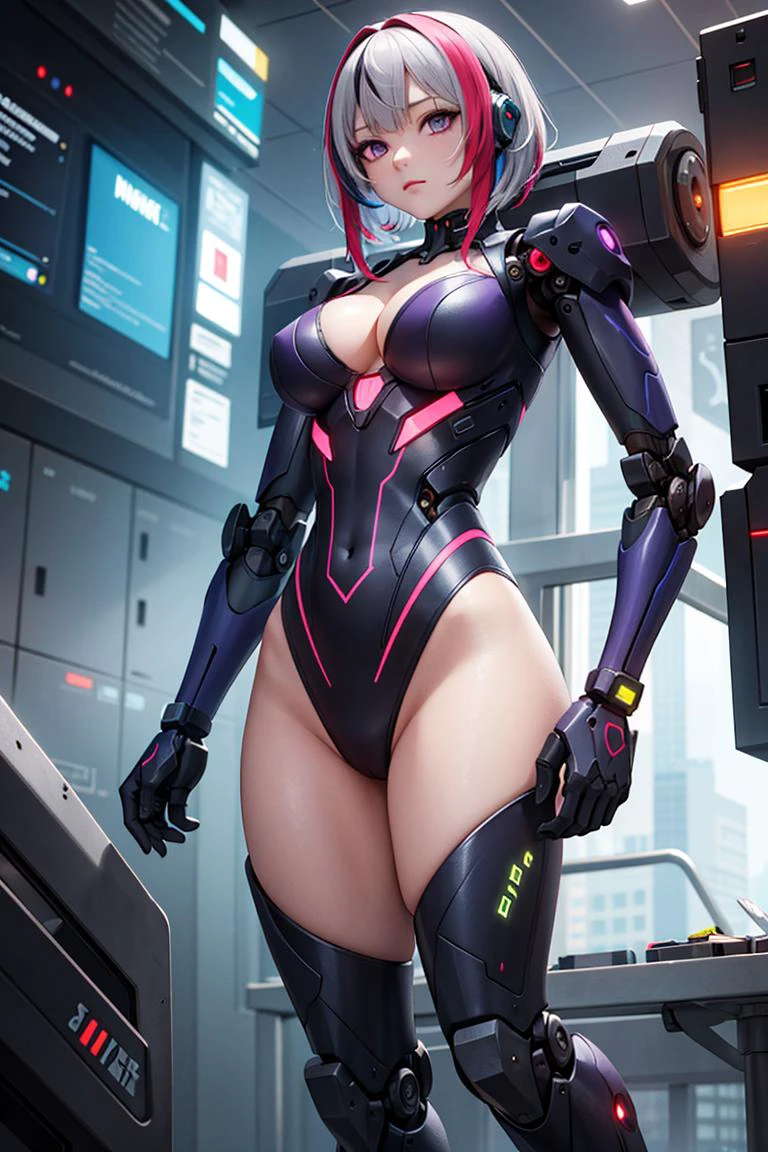 (masterpiece), best quality, high resolution, highly detailed, detailed background, perfect lighting, sci-fi, mecha, cyberpunk, 1girl, multicolor hair, streaked hair, purple eyes, leotard, cleavage, android, mechanical arms, robot joints, glowing tattoo,