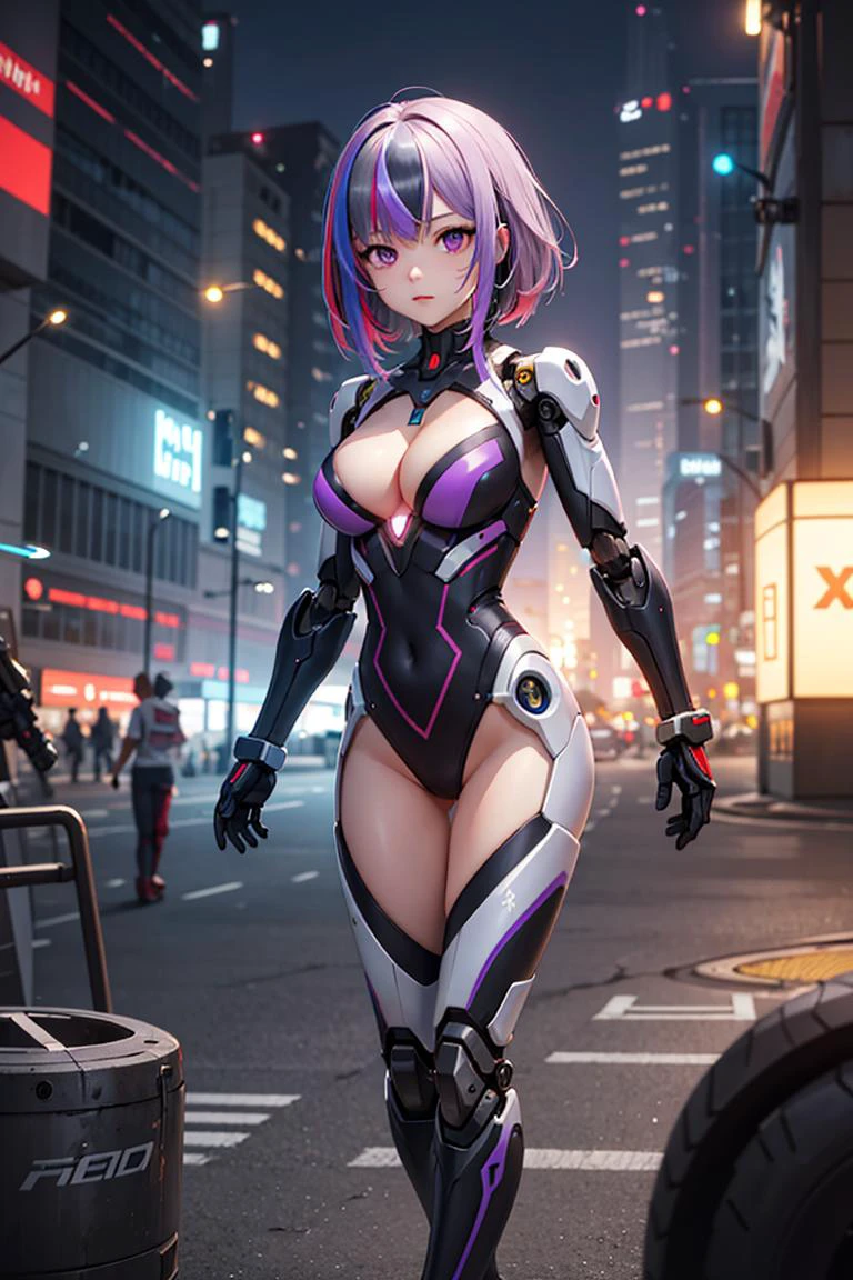(masterpiece), best quality, high resolution, highly detailed, detailed background, perfect lighting, sci-fi, mecha, cyberpunk, 1girl, multicolor hair, streaked hair, purple eyes, leotard, cleavage, android, mechanical arms, robot joints, glowing tattoo,