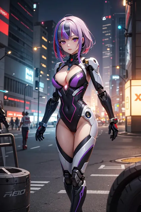 (masterpiece), best quality, high resolution, highly detailed, detailed background, perfect lighting, sci-fi, mecha, cyberpunk, 1girl, multicolor hair, streaked hair, purple eyes, leotard, cleavage, android, mechanical arms, robot joints, glowing tattoo,