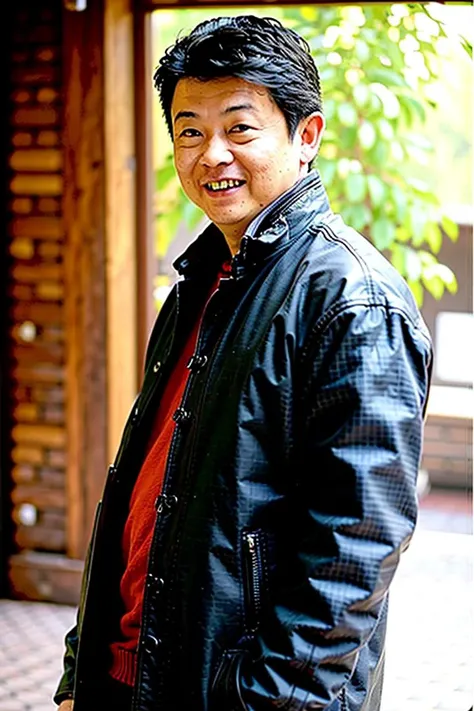 best quality, ultra high res, (photorealistic:1.4), masterpiece, blurry background,indoors,1boy,standing ,(looking at viewer), black leather coat, <lora:fubiao:0.8>