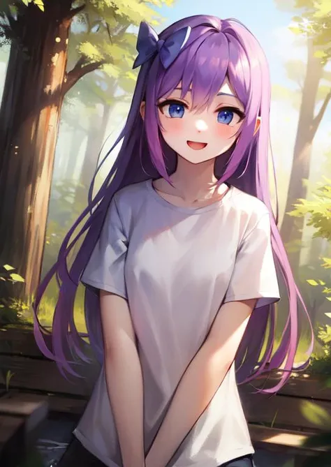 (masterpiece, best quality:1.2), extremely detailed, soft ambient lighting, sharp focus, 4K, colorful scene, BREAK <lora:aubreyheadspacev6:0.9>, aubreyheadspace, 1girl, solo, very long purple hair, bright blue eyes, white shirt, short sleeves, yellow hair bow, BREAK outdoors, forest, looking at viewer, happy