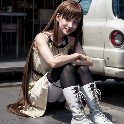 <lora:PalmSugao001:0.7>,<lora:add_detail:1>,<lora:noline:0.3>,<lora:boldline:-0.3>,solo,looking at viewer,smile,parted lips,
PalmSugao,1girl,long hair,brown hair,
dress,
black pantyhose,
white footwear,boots,