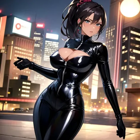 ((masterpiece:1.2, best quality:1.2, best details:1.2, 4k)), 1girl, dark skin, mature woman, adult, dark hair, ponytail, perfect body, perfect boobs, fit body, full lips, (highly detailed skin:1.2), full body, (black latex suit), night, city, skyscraper, tokyo, moonlight, vibrant colors, hdr