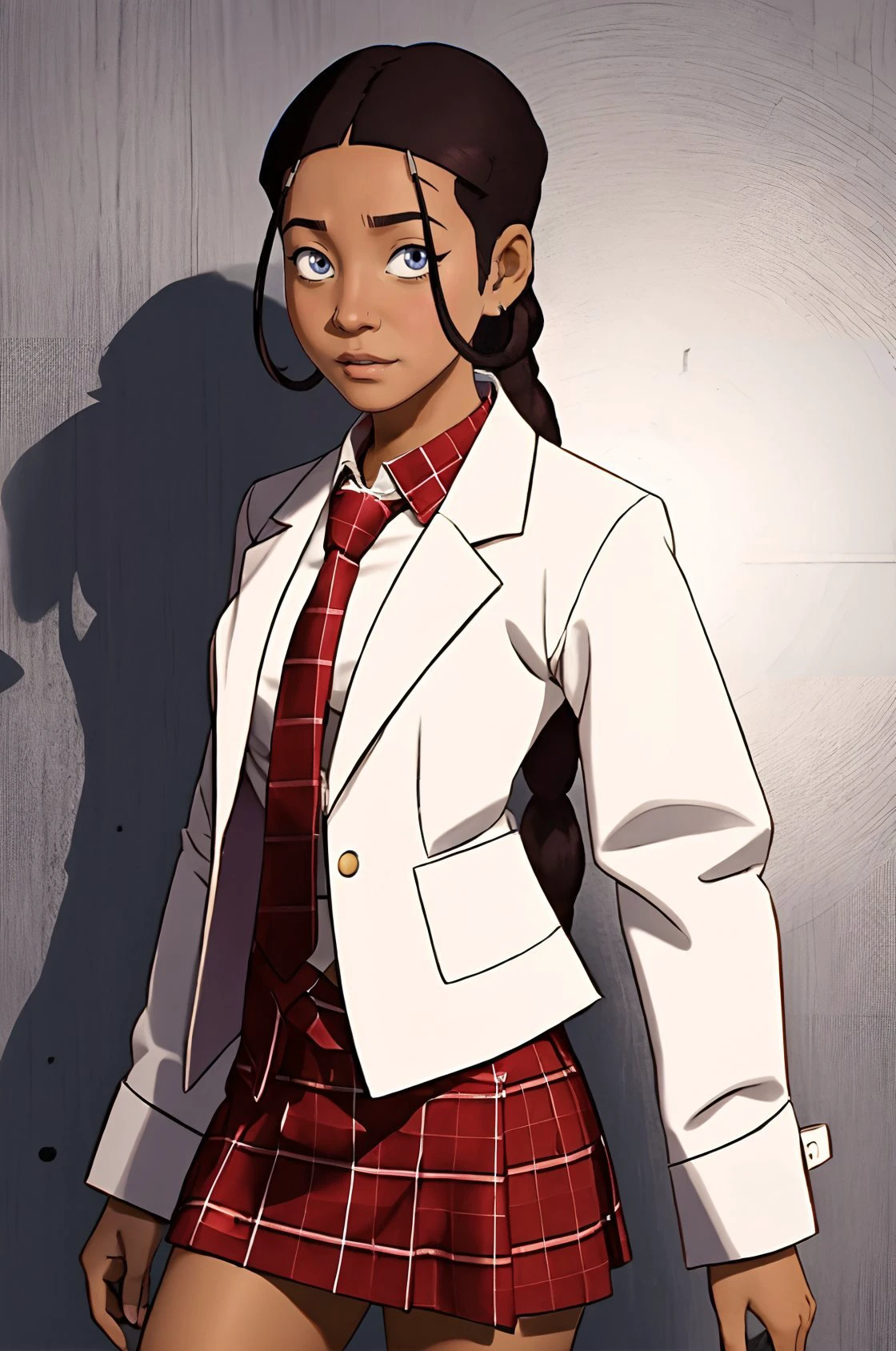 <lora:k3t3r3:0.8> k3t3r3, dark-skinned female, single_braid, low ponytail
<lora:sch00ll3gw4rm:0.8> sch00ll3gw4rm, jacket, necktie, plaid skirt
