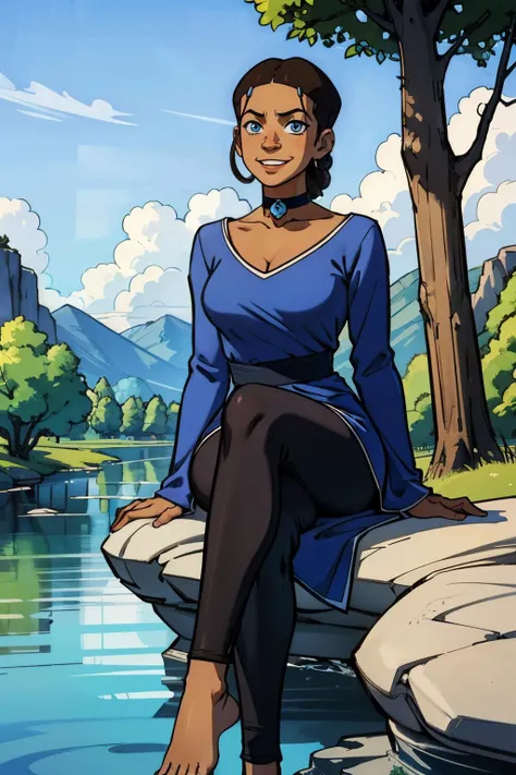 k3t3r3, dark skin, blue eyes, brown hair, hair ornament, choker,blue dress, long sleeves, white trim, black pants, looking at viewer, serious, smiling, sitting, on rock, legs crossed, outside, trees, blue sky, high quality, masterpiece, <lora:k3t3r3_redo:.8>