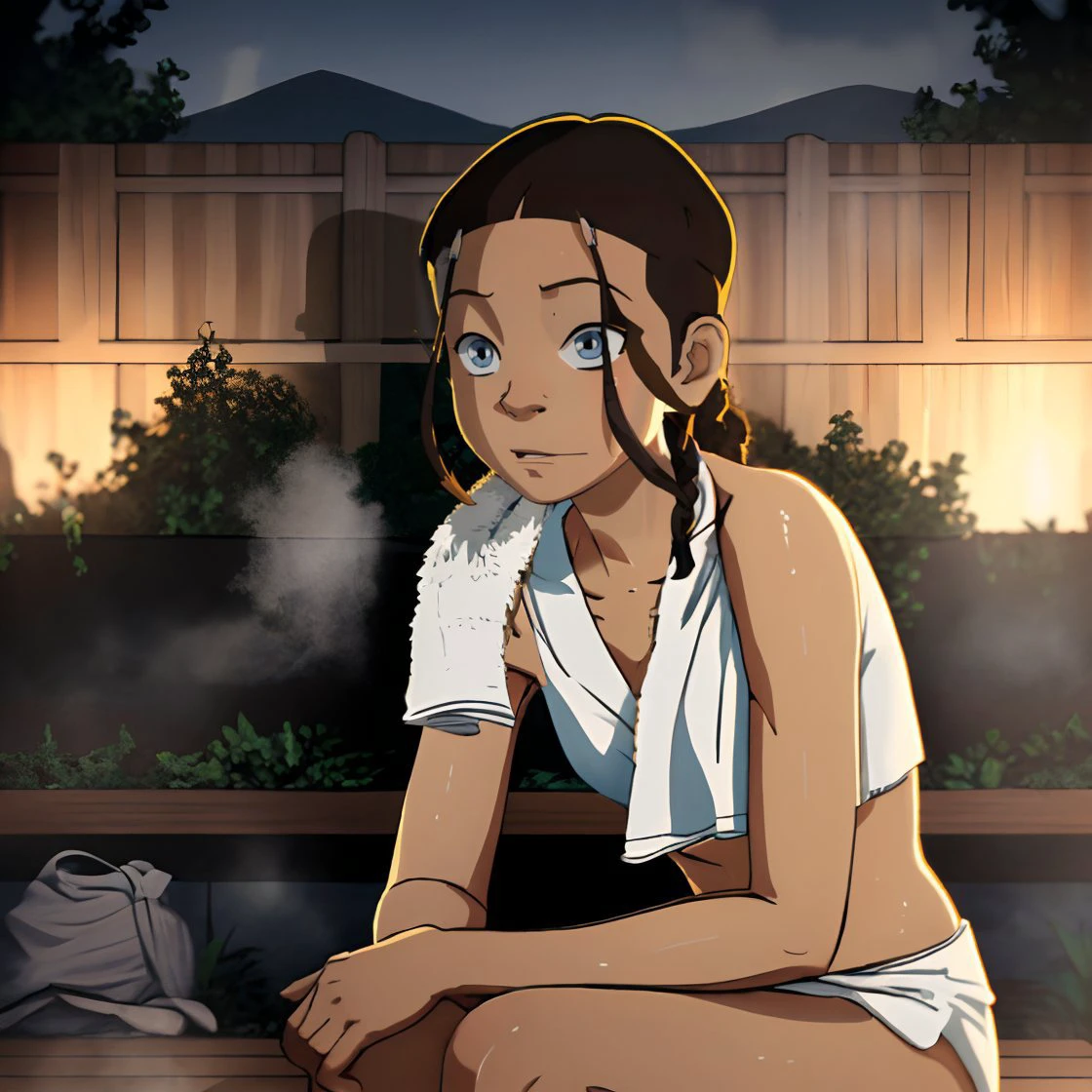 <lora:k3t3r3:0.8> k3t3r3, dark-skinned female, single_braid, low ponytail, blue eyes
in a sauna, steamy, <lora:towelAroundNeckClothes:1> white thick towel around neck, leaning on bench, <lora:breastsizeslideroffset:-0.5>