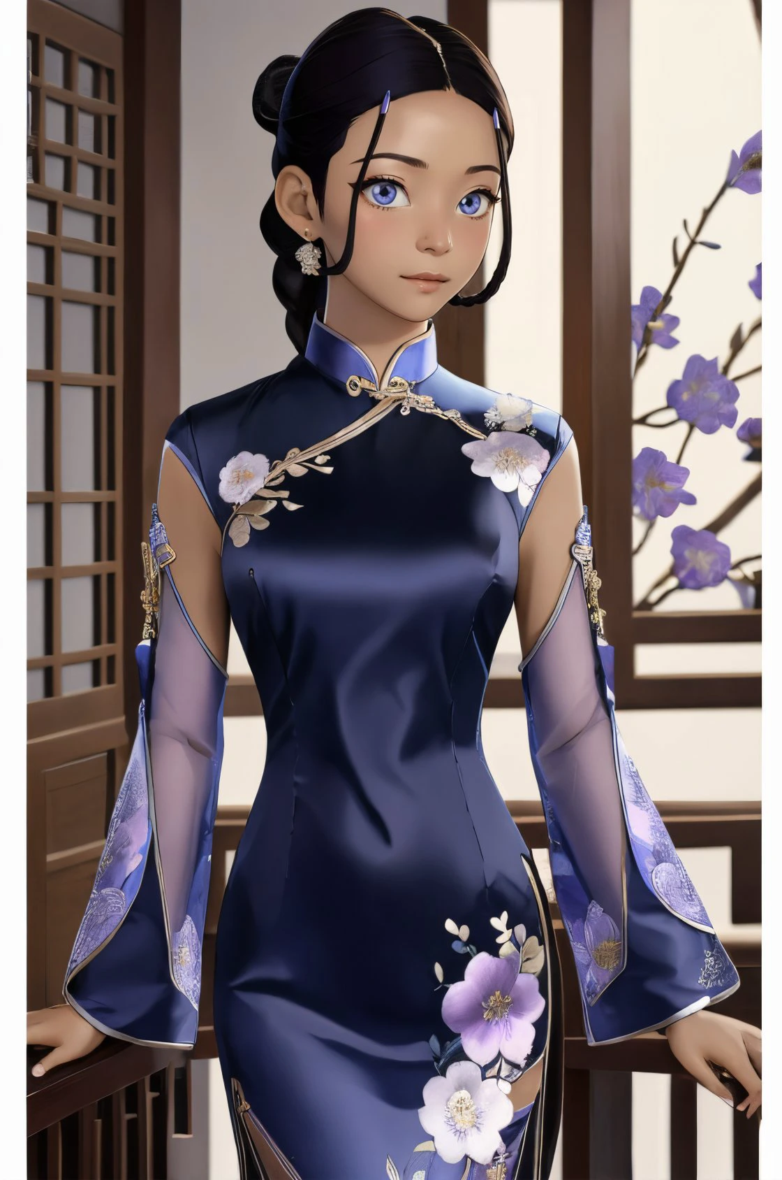 <lora:k3t3r3:0.8> k3t3r3, dark-skinned female, single_braid, low ponytail, (black hair:1.2)
<lora:ch30ngs4m_1-12:0.8> ch30ngs4m_1, blue long silk cheongsam, silver and pale lavender embroidered flowers, sheer sleeves