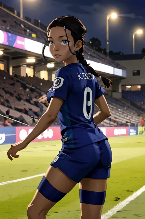 <lora:k3t3r3:0.8> k3t3r3, dark-skinned female, single_braid, low ponytail,
 <lora:Soccer Uniform By Stable Yogi:0.8> soccer uniform, soccer field