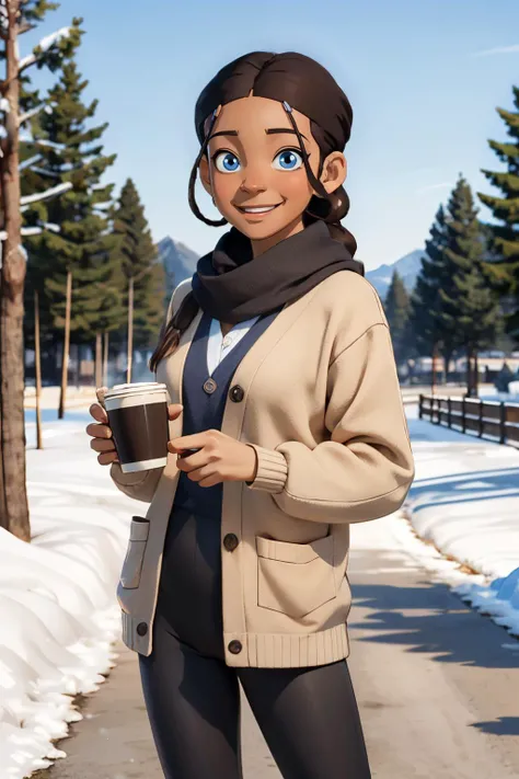 k3t3r3, dark skin, brown hair, hair ornament, cardigan, leggings, scarf, looking at viewer, smiling, happy, medium shot, standing, holding coffee cup, outside, park, field, trees, snow, winter, blue sky, high quality, masterpiece, <lora:k3t3r3_redo:.8>