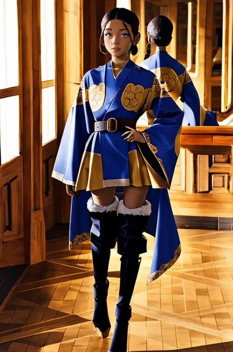 <lora:k3t3r3:0.8> k3t3r3, dark-skinned female, single_braid, low ponytail,
<lora:t1g3rr0b3:0.8> t1g3rr0b3, long sleeves, belt, thigh boots, blue robe, high heel boots,