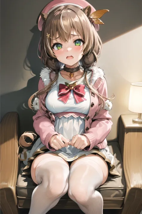 ((masterpiece)), (best quality), (detailed), (1 girl), <lora:Lora:0.8>, <lora:ayundaRisuHololive_v1:0.8>,ayunda risu, squirrel girl, squirrel tail, squirrel ears, white dress, white thighhighs, fur trim, low twintails, red bow, beret, pink cardigan, leaf hair ornament, acorn, choker, brown footwear, medium breasts,<lora:disgustFacial_v1:1>,intenseglare