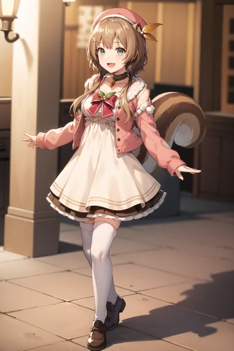 2d, masterpiece, best quality, anime, highly detailed face, highly detailed eyes, highly detailed background, perfect lighting, full body, cowboy shot, 1girl, solo, ayunda risu, squirrel girl, squirrel tail, squirrel ears, white dress, white thighhighs, fur trim, low twintails, red bow, beret, pink cardigan, leaf hair ornament, acorn, choker, brown footwear, medium breasts, :d <lora:risu-12:0.8>