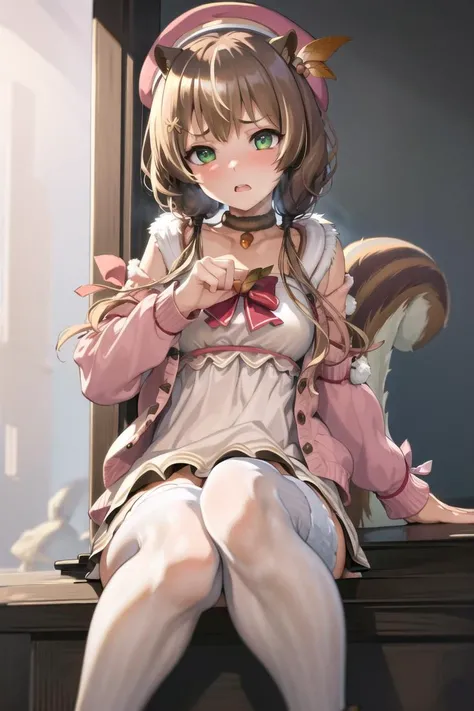 ((masterpiece)), (best quality), (detailed), (1 girl), <lora:Lora:0.5>, <lora:ayundaRisuHololive_v1:1>,ayunda risu, squirrel girl, squirrel tail, squirrel ears, white dress, white thighhighs, fur trim, low twintails, red bow, beret, pink cardigan, leaf hair ornament, acorn, choker, brown footwear, medium breasts,<lora:disgustFacial_v1:1>,intenseglare