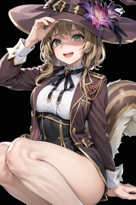 ((masterpiece)), (best quality), (detailed), (1 girl), <lora:Lora:0.8>, <lora:ayundaRisuHololive_v1:0.8>,ayunda risu, squirrel girl, squirrel tail, squirrel ears, witch hat, witch, black dress, jacket, white shirt, gold trim, medium breasts, :d, neck ribbon, pink flower,<lora:disgustFacial_v1:1>,intenseglare