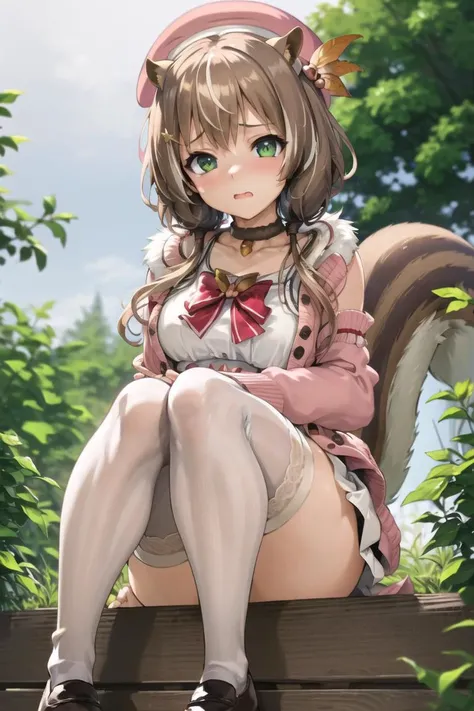 ((masterpiece)), (best quality), (detailed), (1 girl), <lora:Lora:0.8>, <lora:ayundaRisuHololive_v1:0.8>,ayunda risu, squirrel girl, squirrel tail, squirrel ears, white dress, white thighhighs, fur trim, low twintails, red bow, beret, pink cardigan, leaf hair ornament, acorn, choker, brown footwear, medium breasts,<lora:disgustFacial_v1:1>,intenseglare