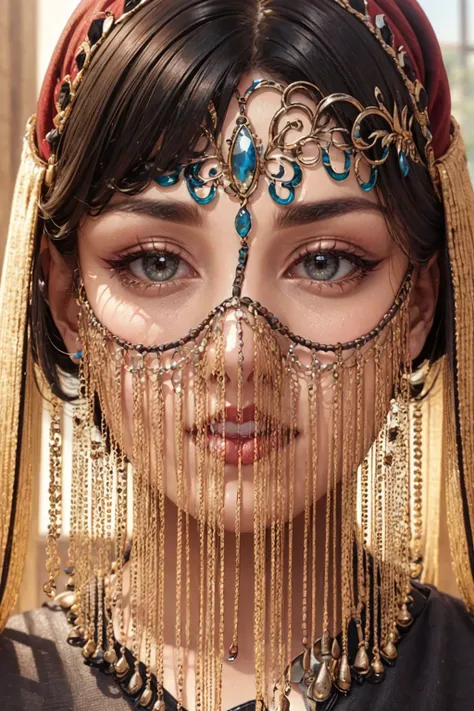 1girl, close-up face, <lora:chainveil:1> faceveilmask, \(mouth veil\), forehead jewel looking at viewer, makeup, barcodes, tattoo, piercings