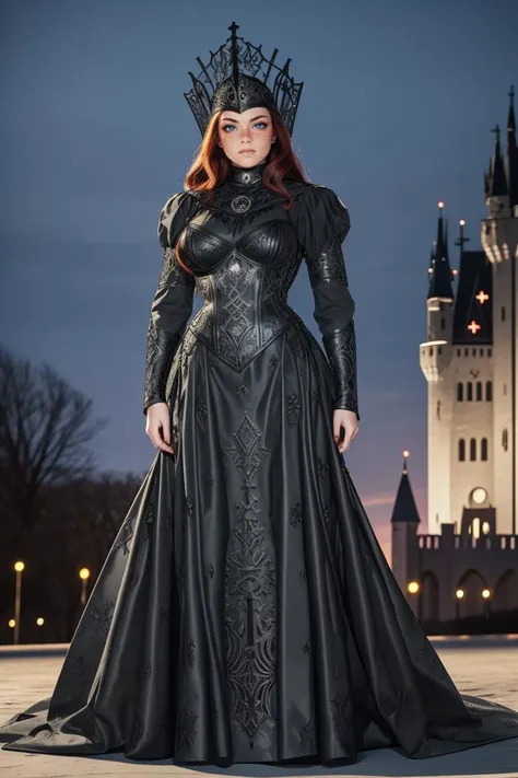 full body, woman, curvy, evil grin, red long hair, FreckledVixon, freckles, <lora:FreckledVixon2:0.5>, large breasts, HUD_Evl_Qn, makeup, lipstick, long black dress, headdress, high collar, neckpiece, laser cut, intricate carved corset, long sleeves, boots, <lora:Fairy_Tale_Dress_2__evil_queen-000008:0.65>, (castle background at night, black labrador dog beside her:1.2)