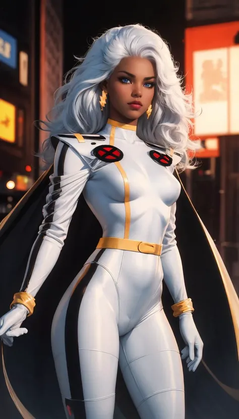 CARTOON_X_MENs_Storm,ownwaifu,
long hair,white hair,dark skin,dark-skinned female,breasts,lips,blue eyes,very dark skin,medium breasts,lipstick,floating hair,very long hair,makeup,big hair,curly hair,red lips,eyelashes,toned,
jewelry,earrings,cape,bracelet,bodysuit,gloves,superhero,choker,
<lora:CARTOON_X_MEN90s_Storm:1>, official art,extremely detailed CG unity 8k wallpaper, perfect lighting,Colorful, Bright_Front_face_Lighting,shiny skin, (masterpiece:1.0),(best_quality:1.0), ultra high res,4K,ultra-detailed, photography, 8K, HDR, highres, (absurdres:1.2), Kodak portra 400, film grain, blurry background, (bokeh:1.2), lens flare, (vibrant_color:1.2),professional photograph, (beautiful_face:1.5),