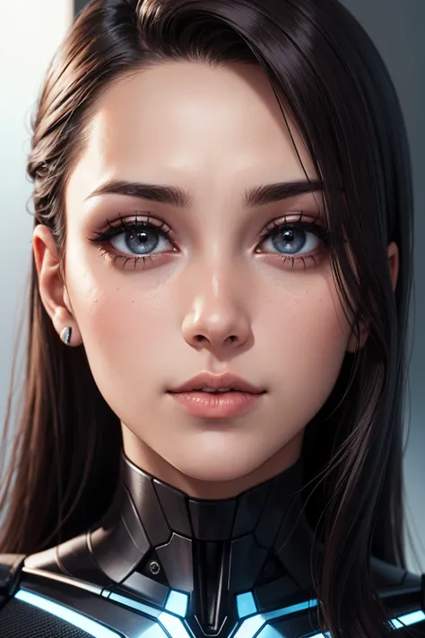 1girl, close-up face, <lora::1> cyborg face, looking at viewer, makeup