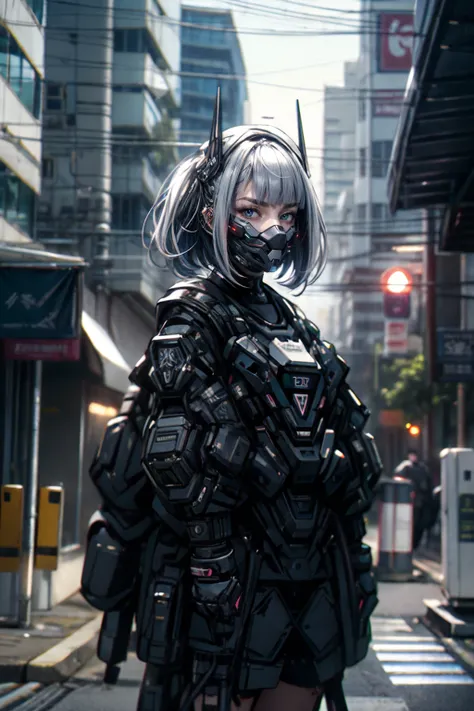 gothpunk, robot, 1girl, solo, walking in Harajuku, (bokeh, neon light:1.2), white eyebrows, glowing hair, (iridescent white hair), earrings, bangs, jewellery, mask, blunt bangs, (iridescent eyes, glowing eyes, green eyes, mouth mask), blurry background, blurry, hair ornament, (looking at the viewer), short hair, portrait, sidelocks, <lora:Gothpunk:1>, <lora:robotbattle:1>, <lora:add_detail:0.4>