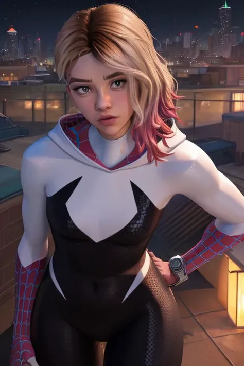 Costum_AcrossSpiderVerse_GwenStacy_ownwaifu, 1girl, multicolored hair, asymmetrical hair, two-tone hair, undercut, skinny, medium breasts, tiny waist, pinup pose, makeup, l
hooded bodysuit, spider web print, silk, white bodysuit, skin tight, mask removed, no mask,<lora:CARTOON_AcrossSpiderVerse_GwenStacy_ownwaifu:1>, ((masterpiece)), ((best quality)),(highres, official_art, chromatic_aberration, bokeh, depth_of_field, brooklyn rooftops, Costum_AcrossSpiderVerse_GwenStacy_ownwaifu nighttime, ominous clouds, outdoors, dynamic pose, solo, cowboy shot,