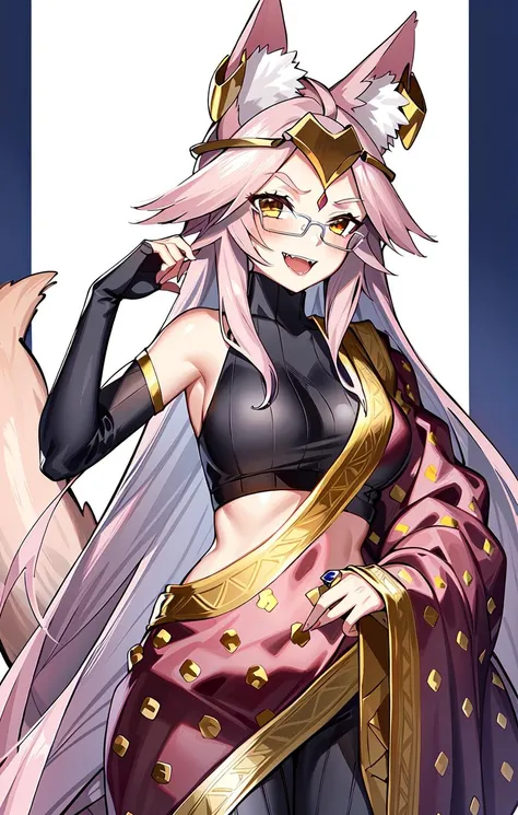 LBIndia, LostBelt4Costume, 1girl, tail, solo, fox tail, open mouth, looking at viewer, blush, glasses, smile, fangs
<lora:FGOKoyanskayav3-000020:0.8>