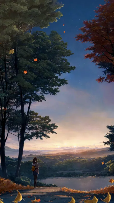 1girl, solo, best quality, orange theme, blurry background, falling leaves, holding leaf, parted lips, red eyes, long hair, brown hair, bangs, shirt, yellow hoodie, hood down, long sleeves, shoulder bag, backpack, necklace, school bag, outdoors, earbuds, fence, hand in pocket, tree, autumn leaves, drawstring, blurry foreground, depth of field, sunset, ginkgo leaf, orange sky, maple leaf, motion blur, fire