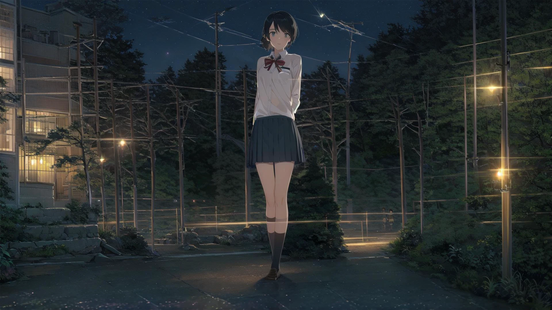 (best quality),(masterpiece),(ultra detailed),(highres),production art,1girl,sky,solo,star (sky),long hair pony tail,outdoors,skirt,starry sky,scenery,school uniform,night,shirt,grass,standing,white shirt,socks,night sky,black skirt,bow,arms behind back,short hair,black hair,brown hair,kneehighs,cloud,collared shirt,ribbon,shooting star,looking at viewer,