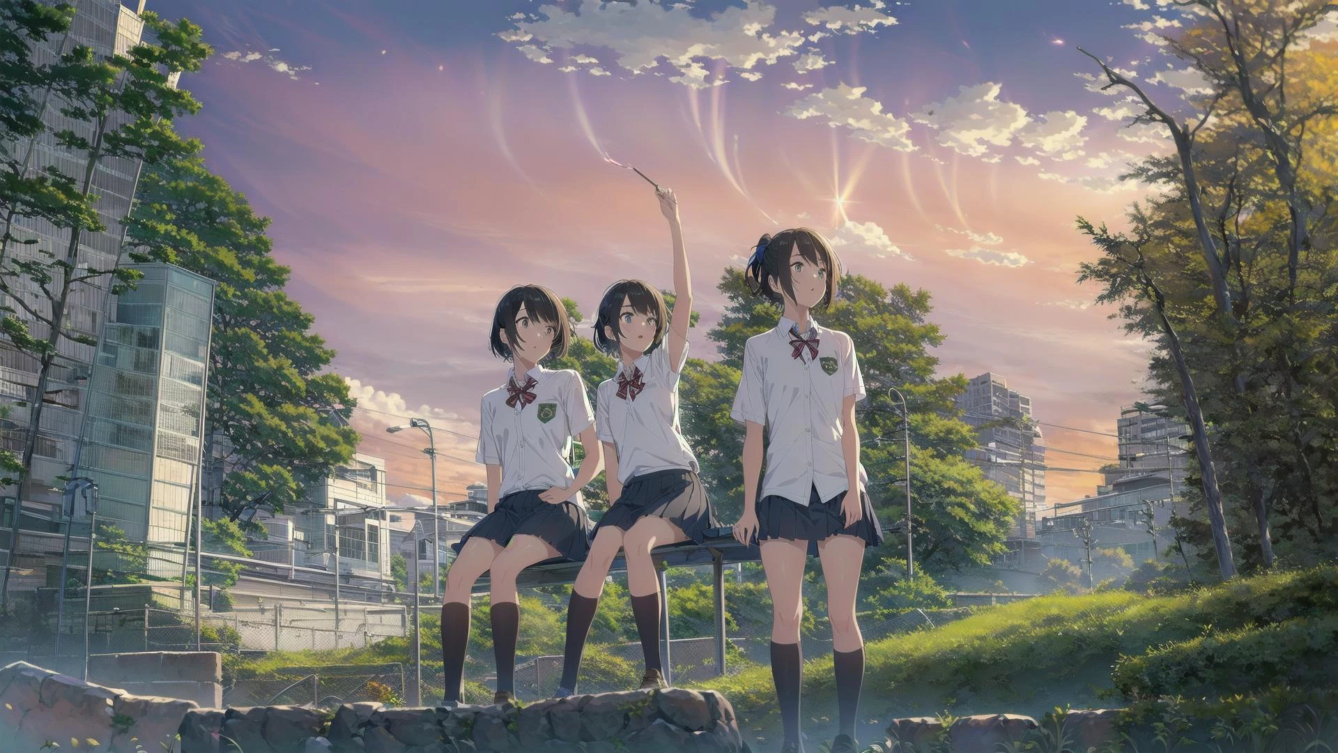 (best quality),(masterpiece),(ultra detailed),(highres),production art,3girl,sky,solo,long hair pony tail,outdoors,skirt,scenery,school uniform,shirt,grass,standing,white shirt,socks,black skirt,arms behind back,short hair,black hair,brown hair,kneehighs,cloud,collared shirt,ribbon,looking at viewer,(School:1.2),