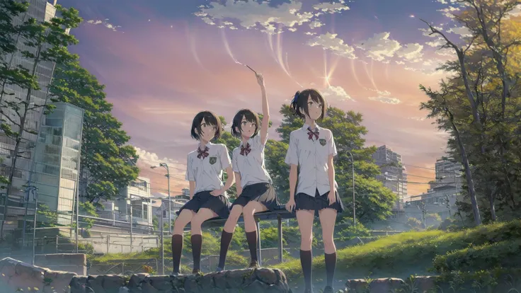 (best quality),(masterpiece),(ultra detailed),(highres),production art,3girl,sky,solo,long hair pony tail,outdoors,skirt,scenery,school uniform,shirt,grass,standing,white shirt,socks,black skirt,arms behind back,short hair,black hair,brown hair,kneehighs,cloud,collared shirt,ribbon,looking at viewer,(School:1.2),