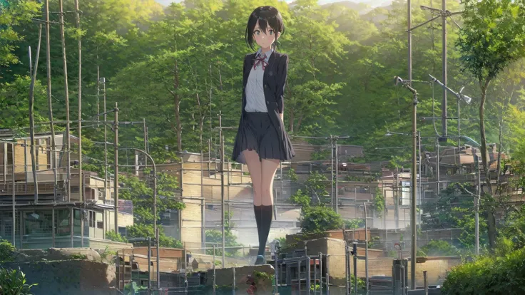 (best quality),(masterpiece),(ultra detailed),(highres),production art,1girl,sky,solo,long hair pony tail,outdoors,skirt,scenery,school uniform,shirt,grass,standing,white shirt,socks,black skirt,arms behind back,short hair,black hair,brown hair,kneehighs,cloud,collared shirt,ribbon,looking at viewer,playground,