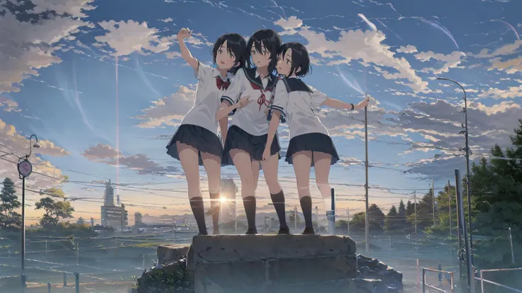 (best quality),(masterpiece),(ultra detailed),(highres),production art,3girl,railing,sky,solo,long hair pony tail,outdoors,skirt,scenery,school uniform,shirt,grass,white shirt,socks,black skirt,short hair,black hair,brown hair,kneehighs,cloud,collared shirt,ribbon,(((school))),