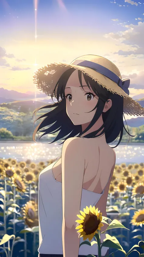 ((Girl in straw hat looking back in a field of sunflowers)), (backlight), (best illumination, best shadow, an extremely delicate and beautiful), Girl on the center axis of the picture, small breasts, ((Sunflowers with the ultimate in detail)), beautiful detailed sky, Perfect body, (beautiful detailed face), extremely delicate and beautiful girls, Sunflower fields at sunset, sunset, black hair, beautiful detailed cloud, (((extremely detailed CG unity 8k wallpaper, masterpiece, best quality, ultra-detailed))), dynamic angle, floating, finely detail, (bloom), (shine), glinting stars, feather,nature,(sunlight), fairyland, (((The character is in the center of the frame)))