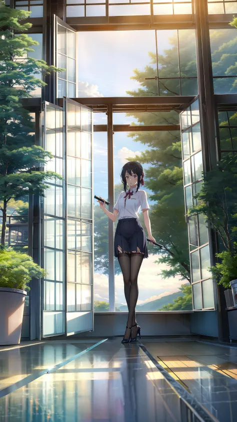 1girl,High Holding a samurai sword,quality, masterpiece, 8K, shirt_lift,DUNHUANG_CLOTHS,spread leg, skirt_lift,high heel,Torn pantyhose