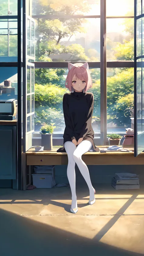 Masterpiece, best quality, (sense of design), poster ((poster design)) (front) room, window, girl sitting on sofa, short pink hair, a pair of fluffy cat ears, black sweater, white pantyhose