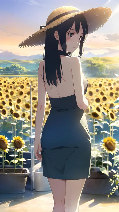 ((Girl in straw hat looking back in a field of sunflowers)), (backlight), (best illumination, best shadow, an extremely delicate and beautiful), Girl on the center axis of the picture, small breasts, ((Sunflowers with the ultimate in detail)), beautiful detailed sky, Perfect body, (beautiful detailed face), extremely delicate and beautiful girls, Sunflower fields at sunset, sunset, black hair, beautiful detailed cloud, (((extremely detailed CG unity 8k wallpaper, masterpiece, best quality, ultra-detailed))), dynamic angle, floating, finely detail, (bloom), (shine), glinting stars, feather,nature,(sunlight), fairyland, (((The character is in the center of the frame)))