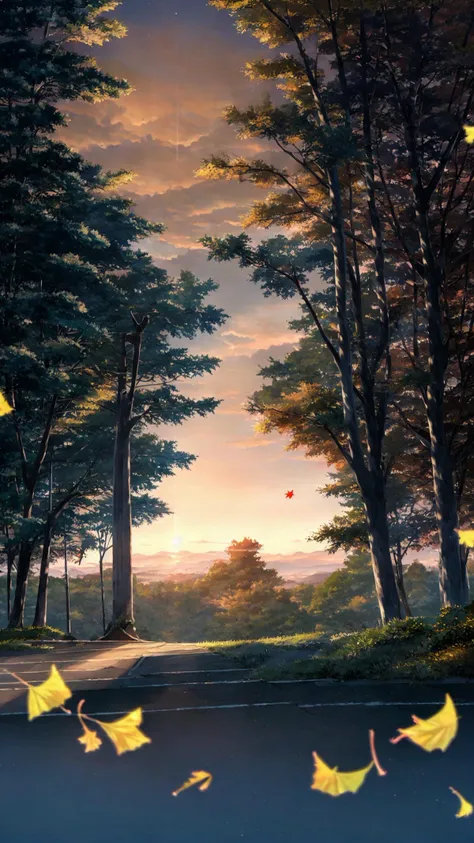 1girl, solo, best quality, orange theme, blurry background, falling leaves, holding leaf, parted lips, red eyes, long hair, brown hair, bangs, shirt, yellow hoodie, hood down, long sleeves, shoulder bag, backpack, necklace, school bag, outdoors, earbuds, fence, hand in pocket, tree, autumn leaves, drawstring, blurry foreground, depth of field, sunset, ginkgo leaf, orange sky, maple leaf, motion blur, fire